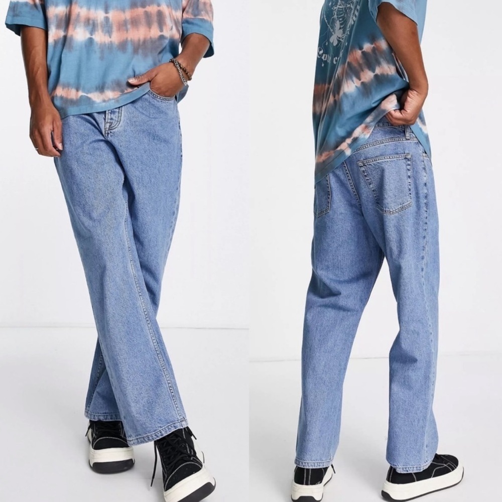 NEW‎ Topman Baggy Jeans Mid Blue Wash Size 32 x 32 Relaxed Fit Denim Button Fly